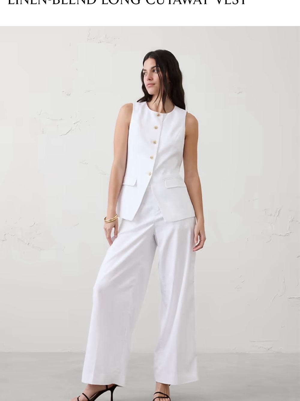 Banana Republic White Sleeveless Linen-Blend Long Cutaway Vest